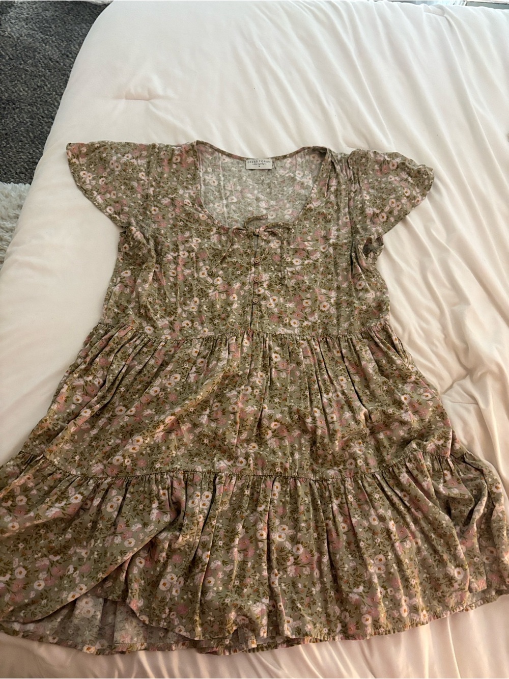 Dress Forum Olive Green Floral Dress with Pink Blooms